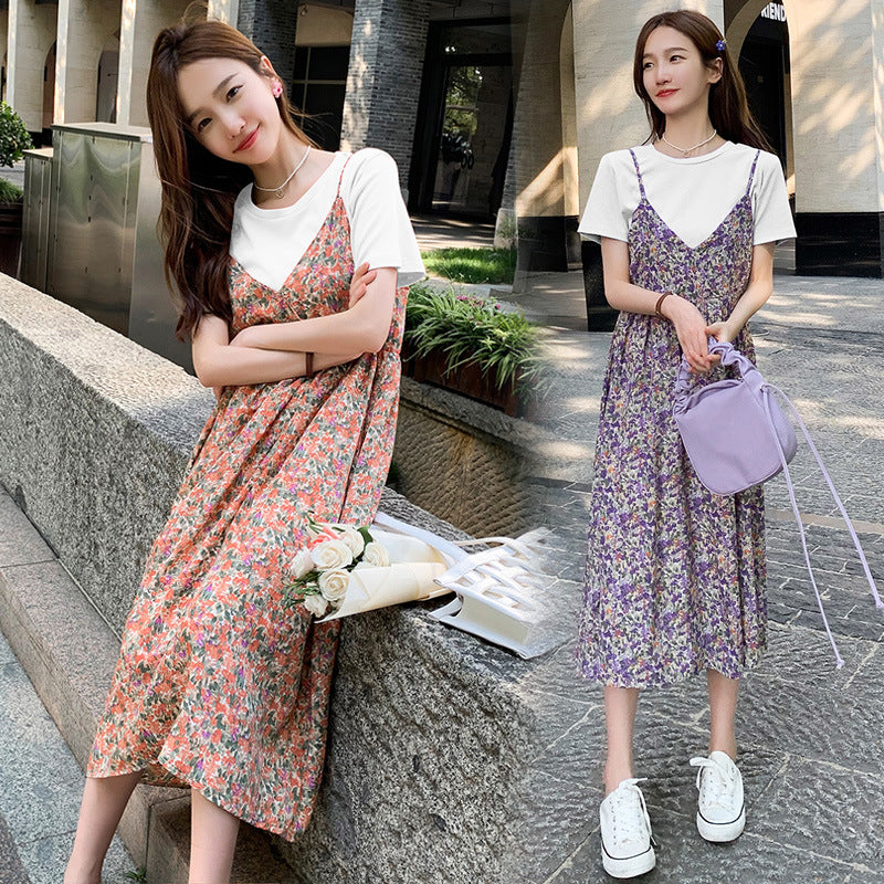 夏も軽やかに着映える マタニティワンピース レイヤード風 小花柄 半袖 ラウンドネック コットン混素材 M〜XXL