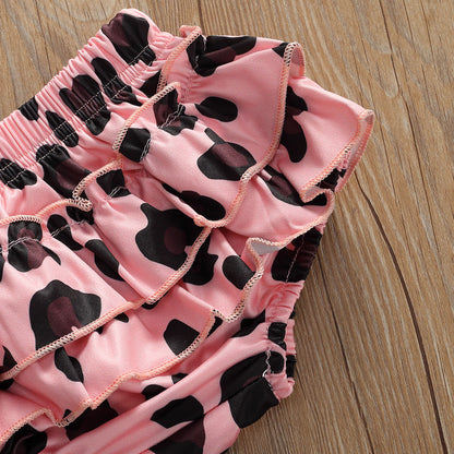 夏の毎日がもっと可愛く決まる ベビー女の子半袖3点セット フリルブルマ×レオパード柄ヘアバンド コットン95% 70~100cm