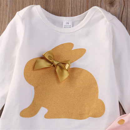 きらっとリボンとうさぎプリントで特別感が増す 女の子長袖ロンパース＆ドットパンツ＆ヘアバンド3点セット コットン95% 春秋 70~100cm