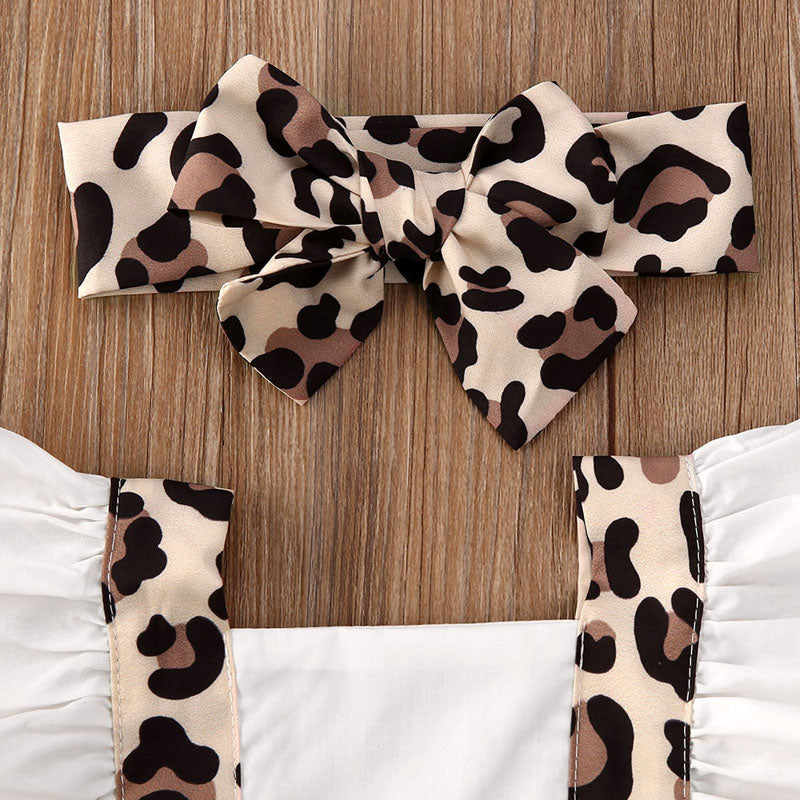 写真映えしておめかしが簡単に決まる 女の子ベビーロンパース サスペンダー風フリル ノースリーブ レオパード柄 コットン95% 70~100cm