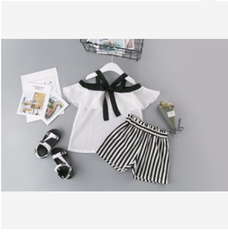 涼やかフリルで大人見えする 女の子セットアップ フリルシフォントップス×ストライプショートパンツ 80〜120cm