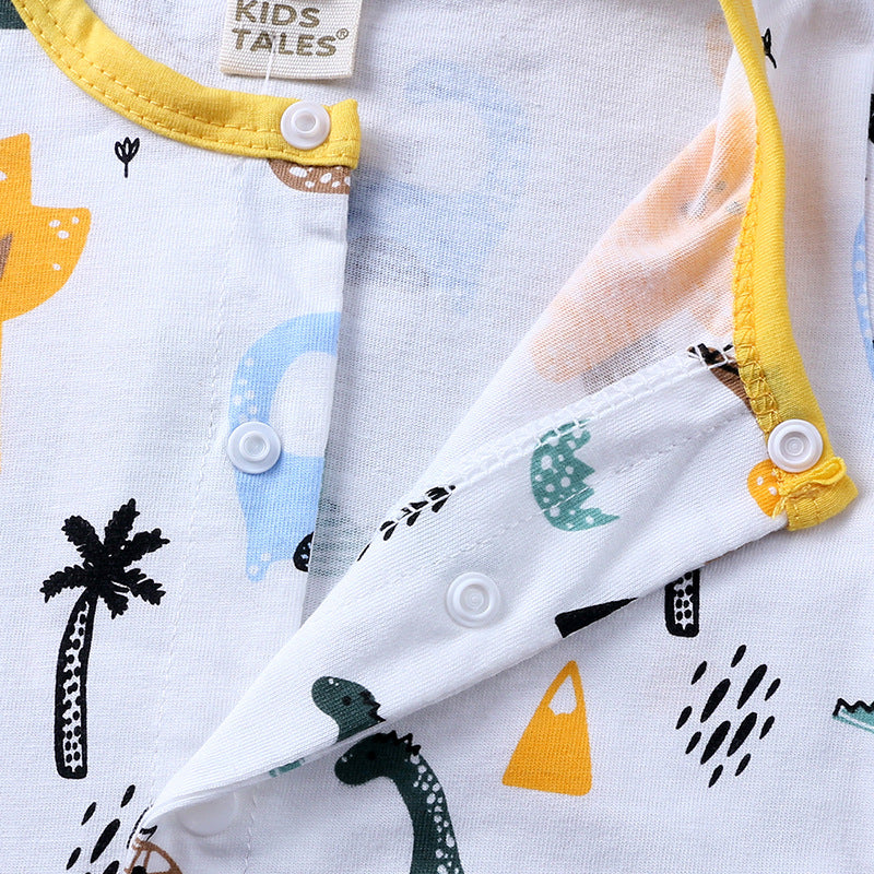 さらっと夏を楽しむ ベビーショートロンパース 恐竜カートゥーンプリント 前開きスナップ コットン 66〜90cm