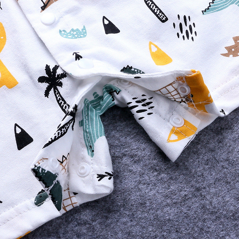 さらっと夏を楽しむ ベビーショートロンパース 恐竜カートゥーンプリント 前開きスナップ コットン 66〜90cm