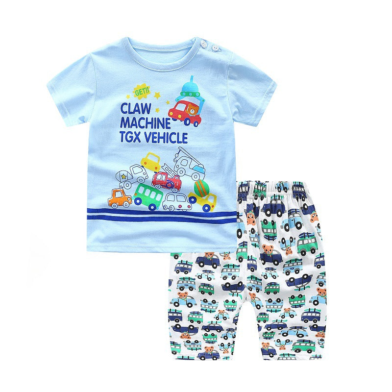 汗ばむ季節も軽やかに過ごせる 子ども半袖Tシャツ＆クロップドパンツ上下セット カートゥーンプリント コットン 70~110cm