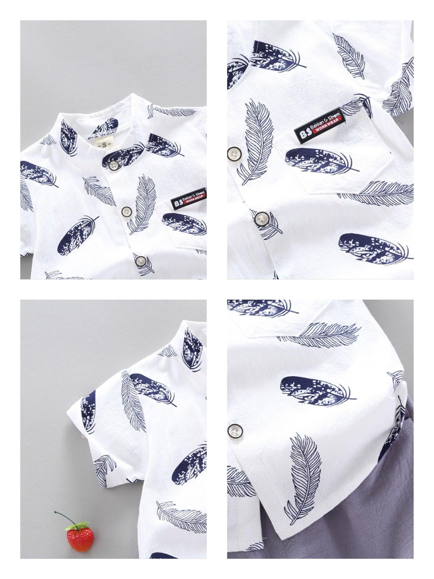 涼しくきちんと見えして動きやすい 子ども半袖シャツ＆ショートパンツ上下セット 羽根柄プリント コットン95% 80~110cm