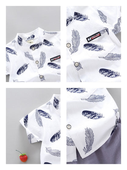 涼しくきちんと見えして動きやすい 子ども半袖シャツ＆ショートパンツ上下セット 羽根柄プリント コットン95% 80~110cm