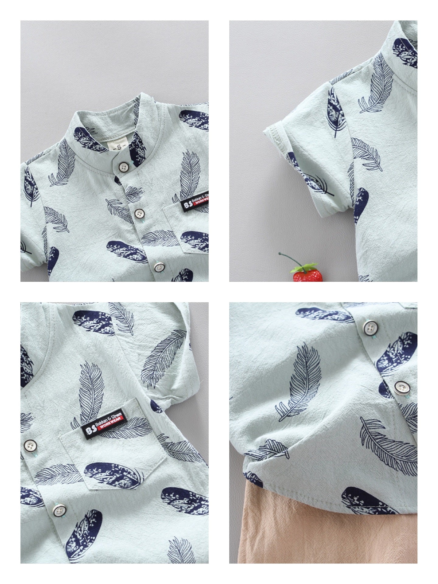 涼しくきちんと見えして動きやすい 子ども半袖シャツ＆ショートパンツ上下セット 羽根柄プリント コットン95% 80~110cm