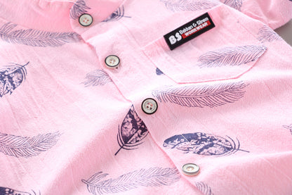 涼しくきちんと見えして動きやすい 子ども半袖シャツ＆ショートパンツ上下セット 羽根柄プリント コットン95% 80~110cm