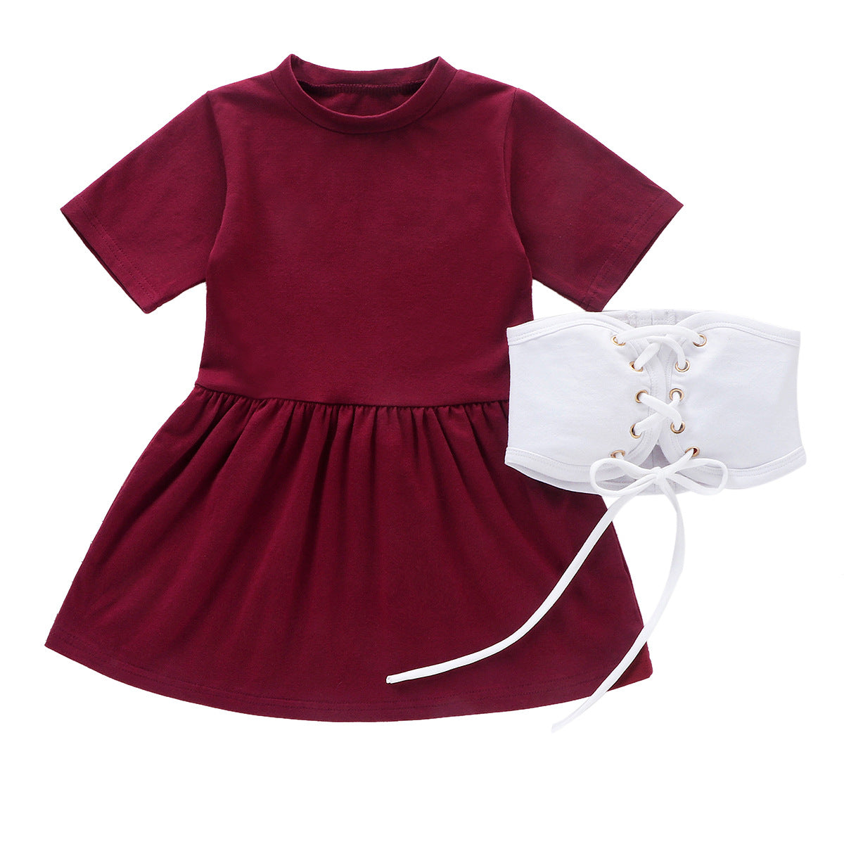 きちんと見えして動きやすい 女の子半袖ワンピース 白レースアップベルト付き コットン 90~130cm