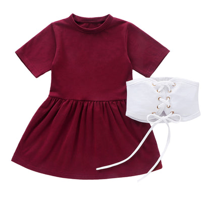 きちんと見えして動きやすい 女の子半袖ワンピース 白レースアップベルト付き コットン 90~130cm