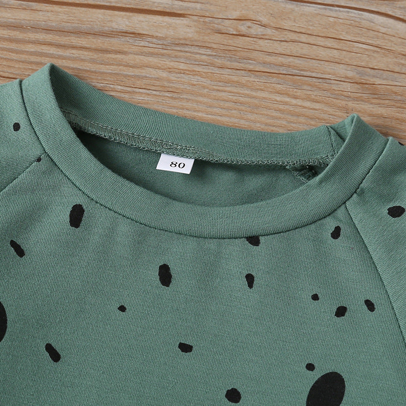 やさしい着心地で毎日活躍 子ども長袖トップス＆ロングパンツ上下セット くまフェイスプリント×ドット＆ボーダー コットン100% 80~120cm