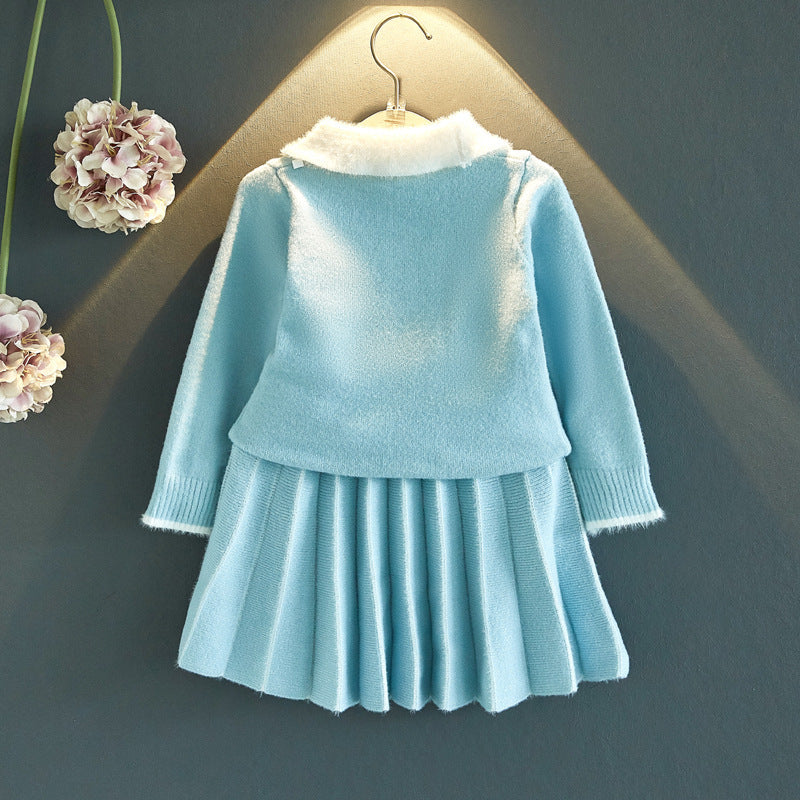 あたたかく上品にまとまる 女の子ニットスカートセット 襟付き長袖セーター＆プリーツスカート コットン混 90~130cm