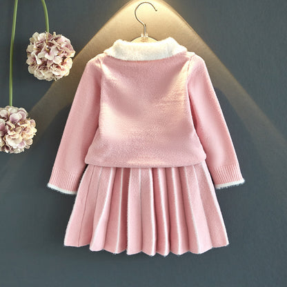 あたたかく上品にまとまる 女の子ニットスカートセット 襟付き長袖セーター＆プリーツスカート コットン混 90~130cm