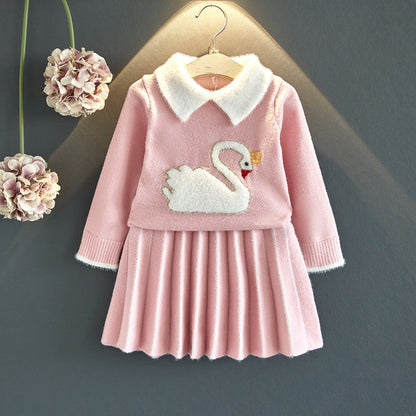 あたたかく上品にまとまる 女の子ニットスカートセット 襟付き長袖セーター＆プリーツスカート コットン混 90~130cm