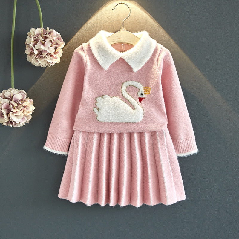 あたたかく上品にまとまる 女の子ニットスカートセット 襟付き長袖セーター＆プリーツスカート コットン混 90~130cm