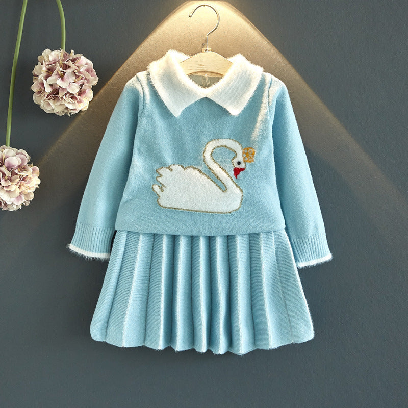 あたたかく上品にまとまる 女の子ニットスカートセット 襟付き長袖セーター＆プリーツスカート コットン混 90~130cm