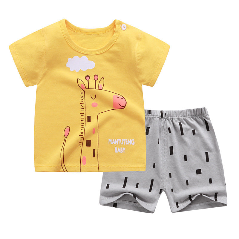 さらっと快適に夏を楽しめる 子ども半袖Tシャツ＆ショートパンツセット キリンカートゥーンプリント コットン85% 70〜130cm