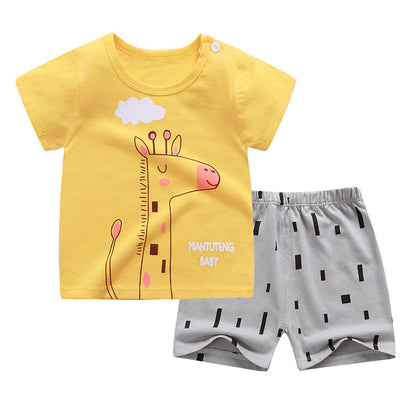 さらっと快適に夏を楽しめる 子ども半袖Tシャツ＆ショートパンツセット キリンカートゥーンプリント コットン85% 70〜130cm