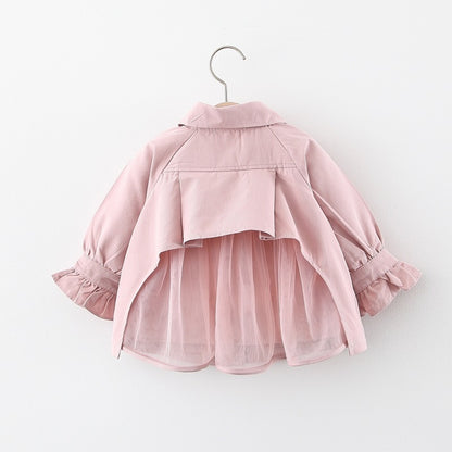 ふんわりチュールが揺れて上品かわいい 女の子ミドル丈ウィンドブレーカージャケット 襟付きフリル袖 コットン素材 73~100cm