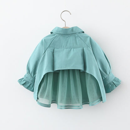 ふんわりチュールが揺れて上品かわいい 女の子ミドル丈ウィンドブレーカージャケット 襟付きフリル袖 コットン素材 73~100cm