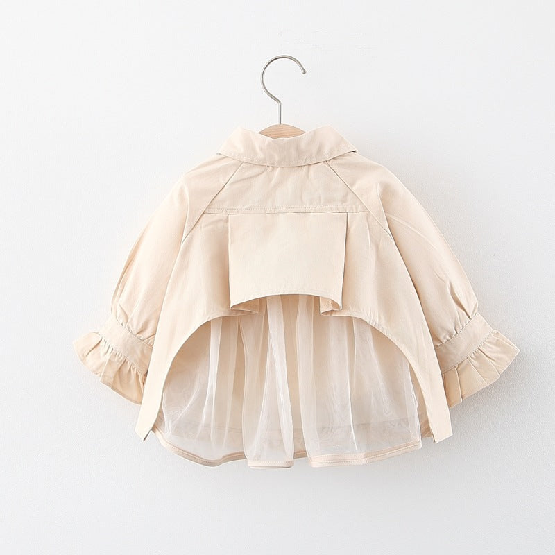 ふんわりチュールが揺れて上品かわいい 女の子ミドル丈ウィンドブレーカージャケット 襟付きフリル袖 コットン素材 73~100cm