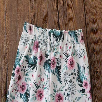 ふんわり花柄レギンスと立体うさぎ耳フードが可愛い 女の子長袖スウェットセットアップ コットン 70~100cm