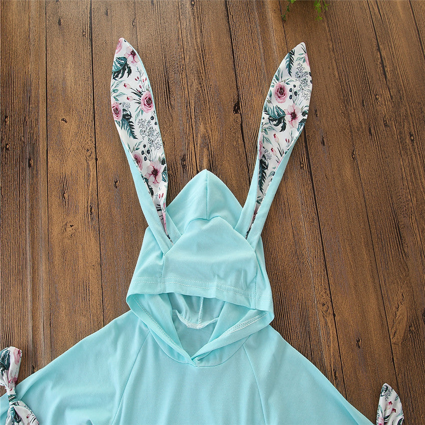 ふんわり花柄レギンスと立体うさぎ耳フードが可愛い 女の子長袖スウェットセットアップ コットン 70~100cm