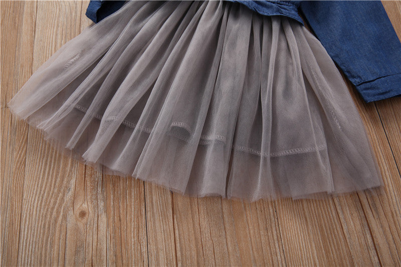 きちんと可愛いが一枚で完成する 女の子デニムプリンセスワンピース チュールメッシュ切替 サンディング加工コットン 90~130cm