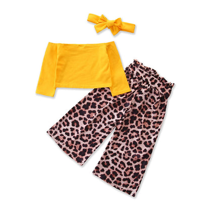 スタイルアップして軽やかに映える 女の子ワンショルダー長袖トップス＆レオパード柄ワイドパンツ 2点セット 90~130cm