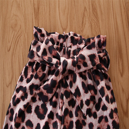 スタイルアップして軽やかに映える 女の子ワンショルダー長袖トップス＆レオパード柄ワイドパンツ 2点セット 90~130cm