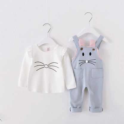 毎日がもっと可愛くなる 子どもうさぎビブサロペット上下セット ひげプリントTシャツ カラフルボーダー 無地デザイン 66~100cm