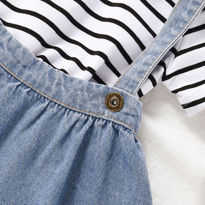 夏のコーデがこれだけで完成する 女の子2点セット ボーダー半袖Tシャツ＆サスペンダースカート コットン素材 80~110cm