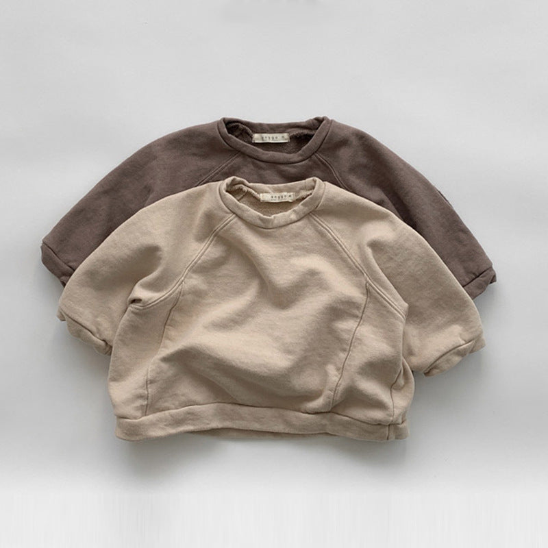 ナチュラルカラーの肘当て付きキッズスウェットトップス2枚セット前面
