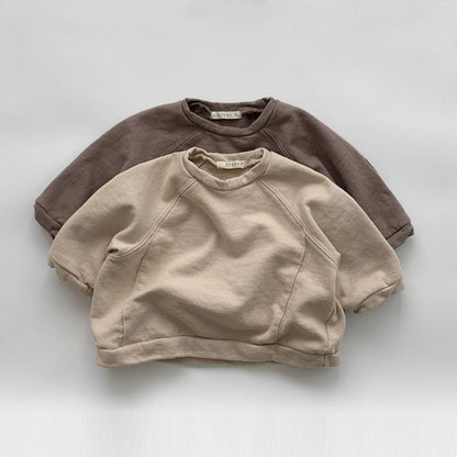 ナチュラルカラーの肘当て付きキッズスウェットトップス2枚セット前面
