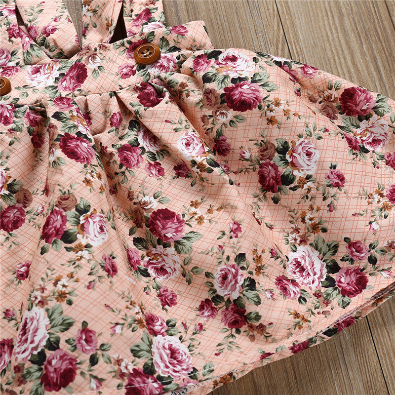 ふんわりフリル袖で写真映えする 女の子ロンパース＆花柄サスペンダースカートセット3点 コットン素材 70〜100cm