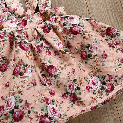 ふんわりフリル袖で写真映えする 女の子ロンパース＆花柄サスペンダースカートセット3点 コットン素材 70〜100cm