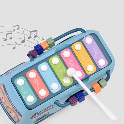 バス上部のカラフルな鉄琴鍵盤とスティックが見えるクローズアップ
