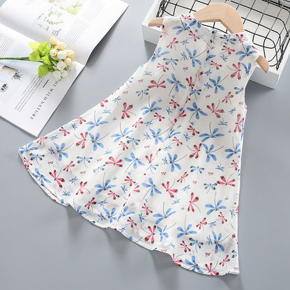 涼やかに揺れる配色ステッチが可憐な 女の子チーパオ風プリンセスワンピース ノースリーブ プリーツミディ丈 90~140cm