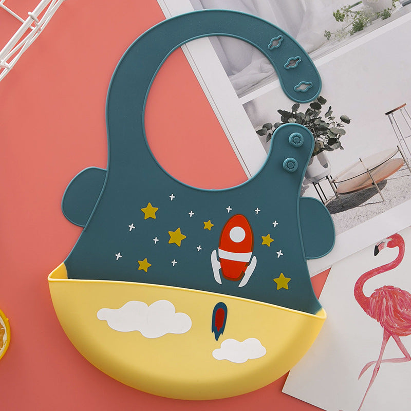 ロケット柄のベビー用シリコンお食事ビブ 立体ポケット付き（お食事エプロン）
