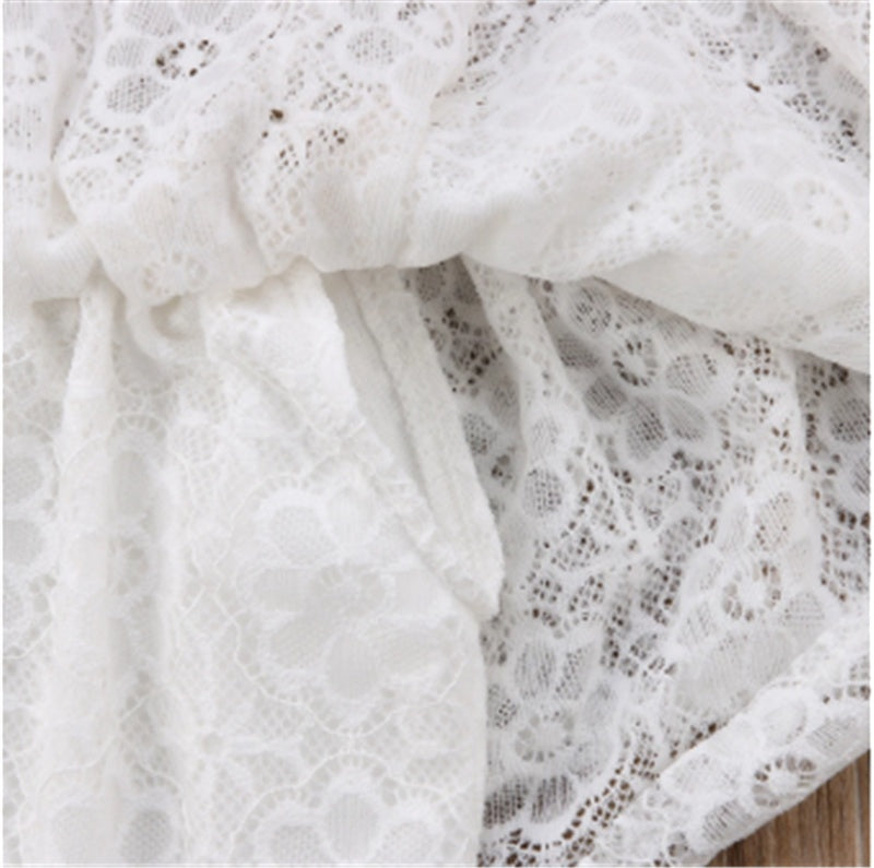 上品レースのオフショル風フリルで華やぐ 女の子レーストップス＆レオパードフレアパンツ上下セット ホワイト 100~140cm