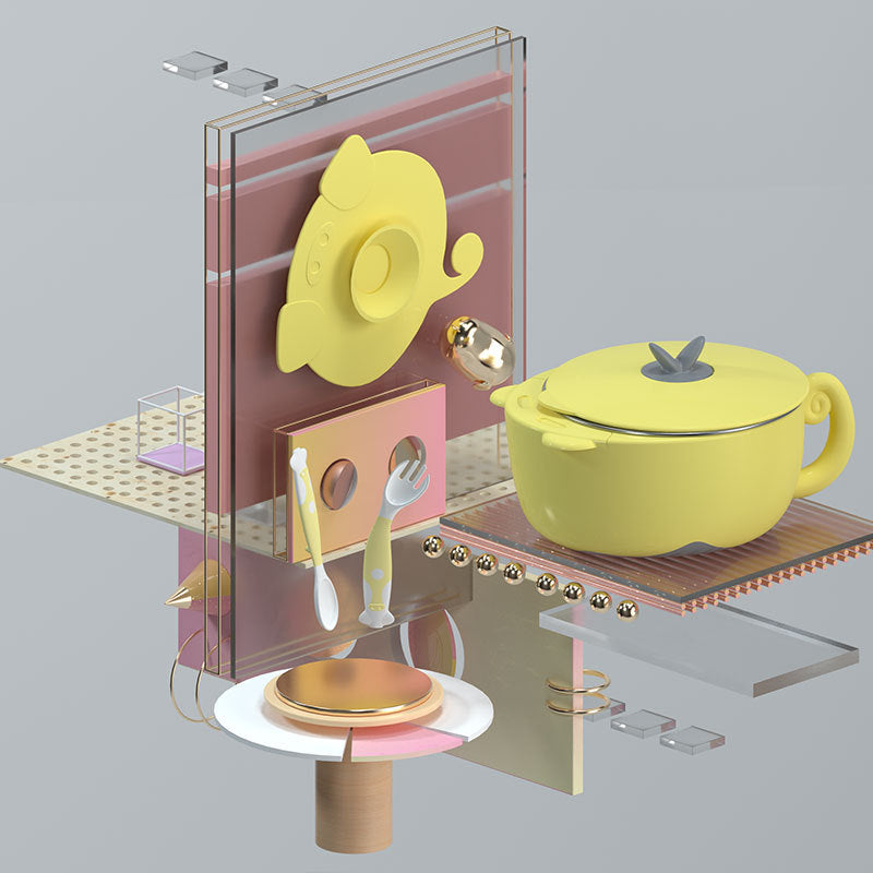 イエローのベビーボウルとカップを高さ違いのスタンドに置いたテーブルコーディネート画像（ステンレスベビー食器セット）
