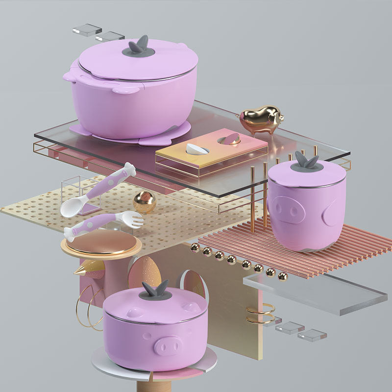 ピンクのベビーボウルとカップとスプーンをスタンドに配置したサイドビュー画像（ステンレスベビー食器セット）
