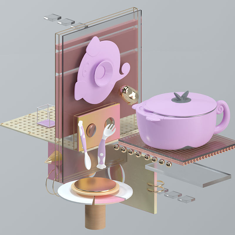 ピンクの吸盤付きステンレスベビーボウルとカップのセットを分解してスタンドに並べた画像（ステンレスベビー食器セット）
