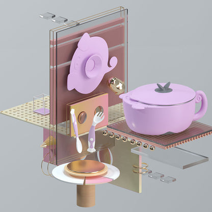 ピンクの吸盤付きステンレスベビーボウルとカップのセットを分解してスタンドに並べた画像（ステンレスベビー食器セット）
