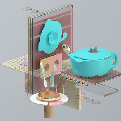 ブルーの吸盤付きステンレスベビーボウルとカップのセットを分解してスタンドに配置した画像（ステンレスベビー食器セット）
