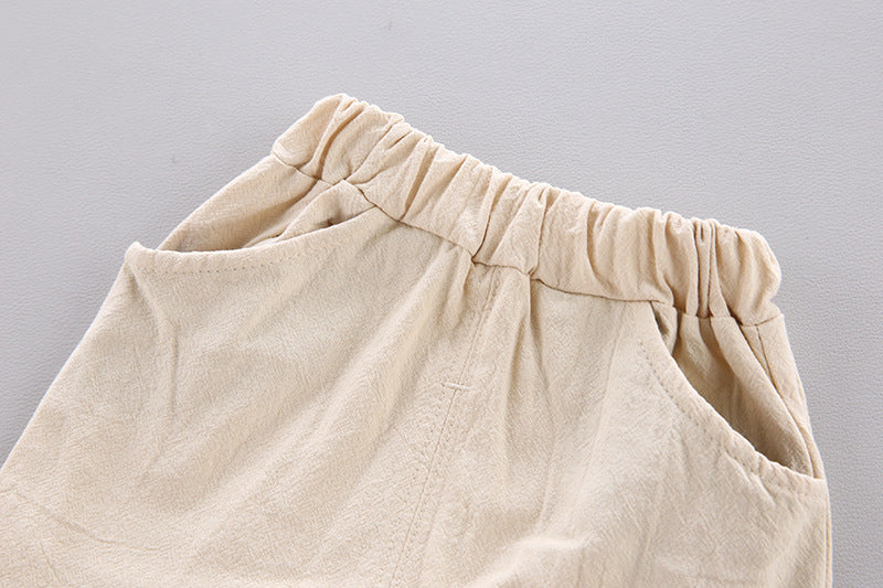 さらっと軽い着心地で夏コーデがきちんと決まる 子ども半袖シャツ上下セット 英字プリント コットン95% 80~110cm