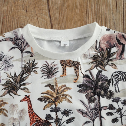 さらり軽やかに着られる ベビー半袖ロンパース＆ショートパンツセット サファリカートゥーンプリント ポリエステルコットン 12ヶ月〜3歳