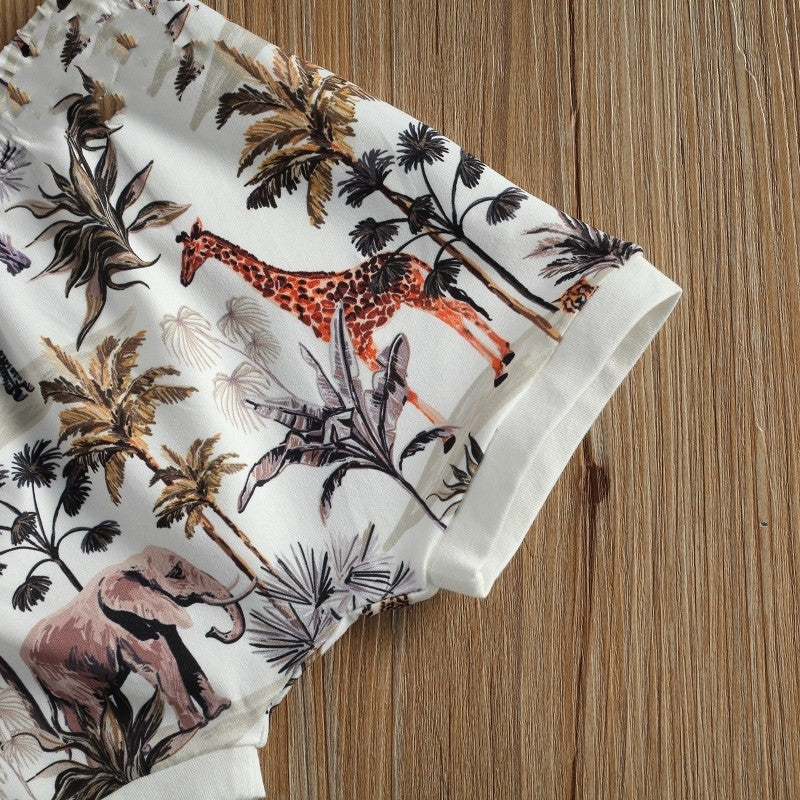 さらり軽やかに着られる ベビー半袖ロンパース＆ショートパンツセット サファリカートゥーンプリント ポリエステルコットン 12ヶ月〜3歳