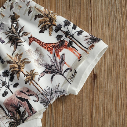 さらり軽やかに着られる ベビー半袖ロンパース＆ショートパンツセット サファリカートゥーンプリント ポリエステルコットン 12ヶ月〜3歳