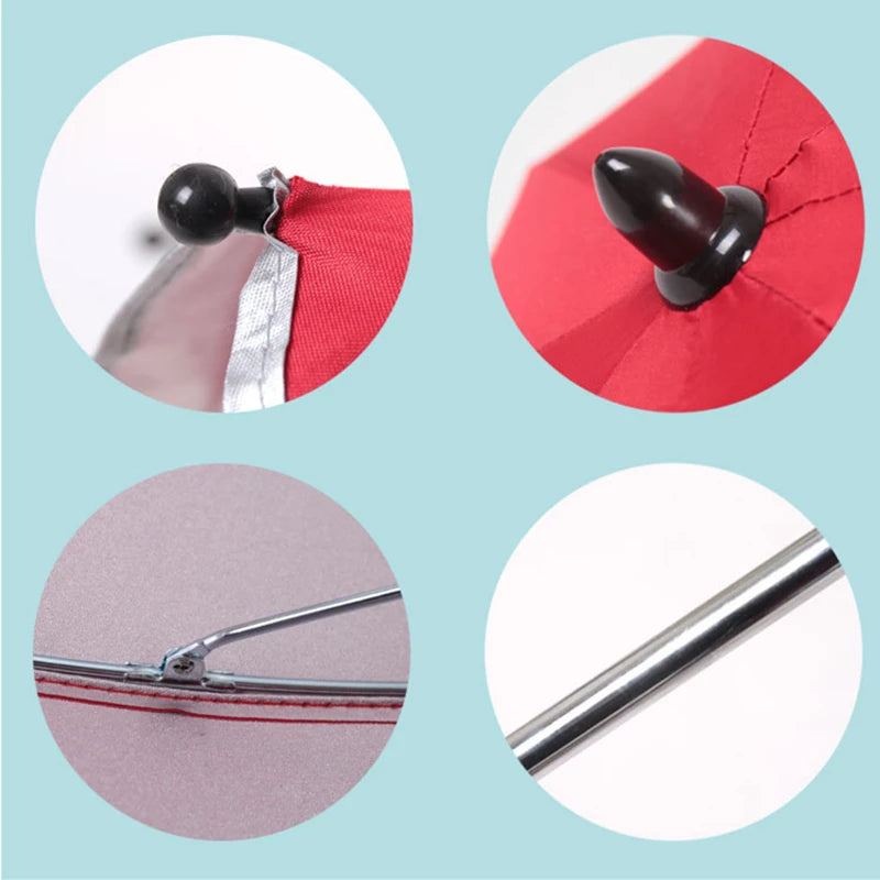 固定クランプ部分と傘生地、スチールバーのディテールを丸型で見せたベビーカー日よけ傘のクローズアップ(ベビーカー 傘 取り付け部)
